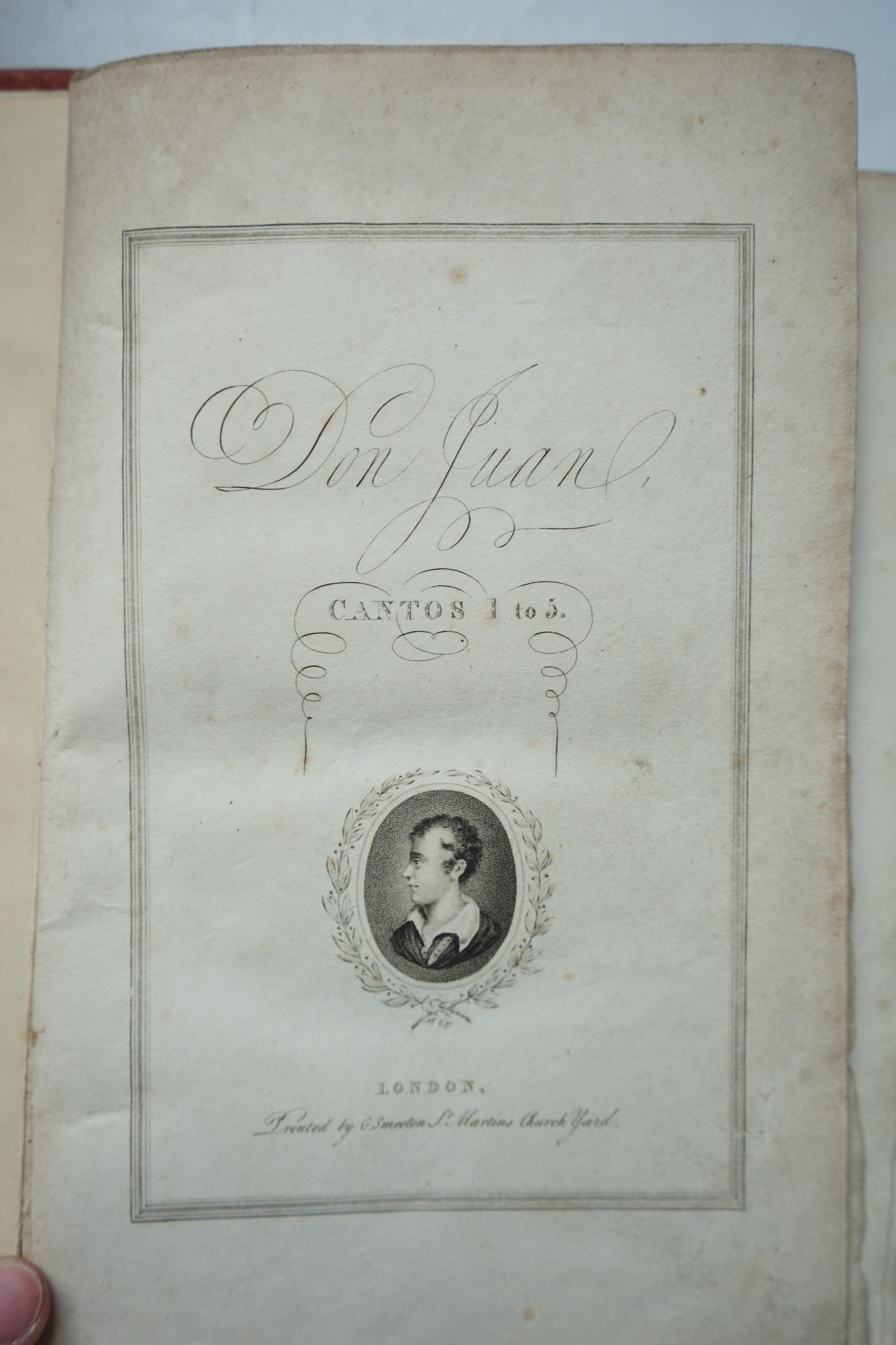 Byron, George Gordon Noel, Lord - Don Juan, Cantos 1 to 5, engraved medallion portrait to title, with 6 hand-coloured plates, printed by G. Smeeton, London, [1822]; The Bride of Abydos. A Turkish Tale, 3rd edition, John